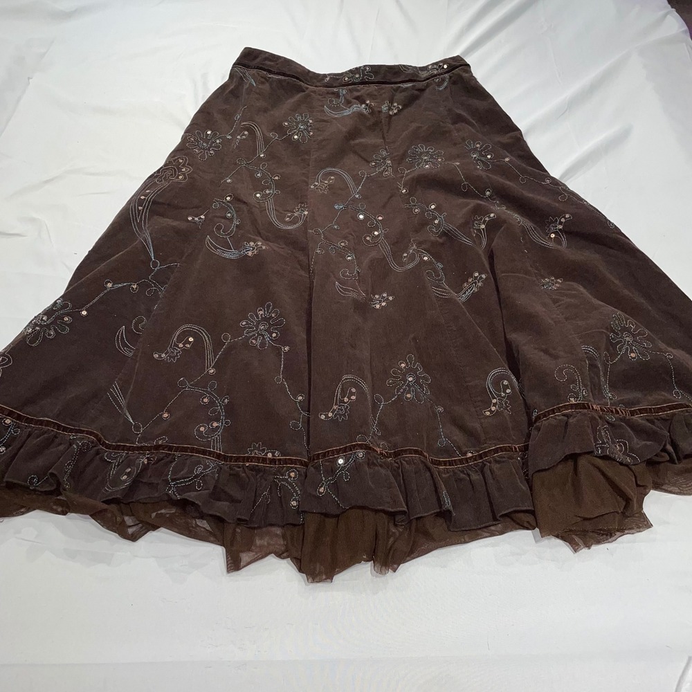Tribal Brown Corduroy Embroidered Floral Sequin Ruffle Mesh Midi Skirt 12